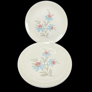 Steubenville Pottery Fairlane Dinner Plates Pink Blue Flower USA‎ Set Of 3